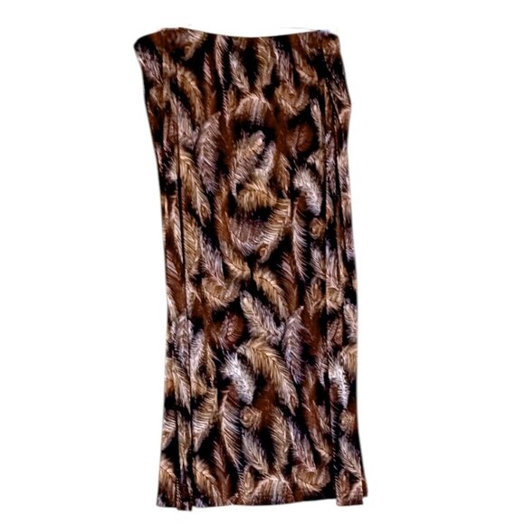 Vintage Plisse Maxi Skirt 3X Bird Feather Print Slits Elastic Neutral Minimalist - Picture 3 of 6